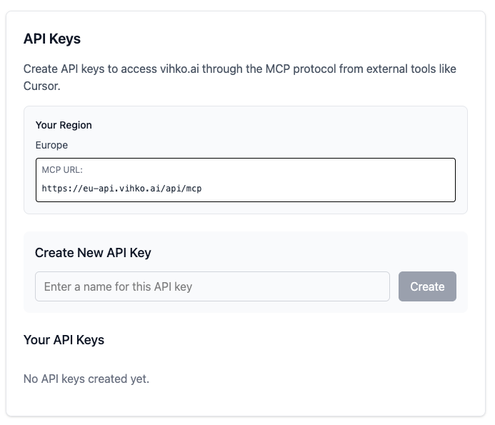 Vihko API key management interface showing how to generate MCP API keys
